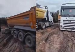 Çatalca’da sağanak sonrası yol bataklığa döndü; kamyonlar mahsur kaldı