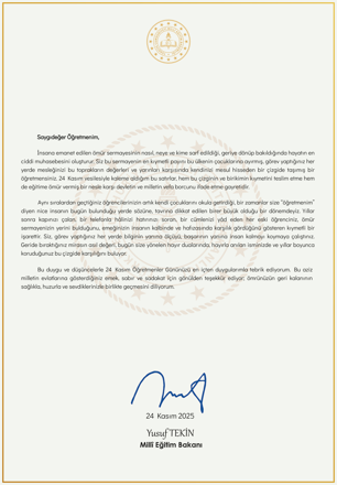 Bakan Tekinden öğretmenlere mektup