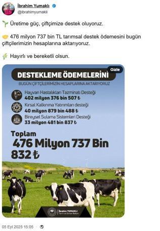 Bakan Yumaklı: Tarımsal destek ödemelerini bugün çiftçilerin hesabına aktarıyoruz