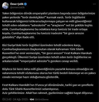AK Partili Çelikten Fırat Kalkanı Harekatının 9uncu yıl dönümüne ilişkin paylaşım