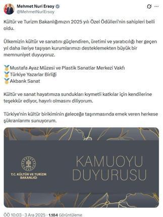 Kültür ve Turizm Bakanlığı Özel Ödüllerinin 2025 yılı sahipleri belli oldu