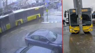 Sultangazi'de İETT otobüsü yola dökülen akaryakıt nedeniyle kayarak direğe çarptı