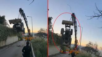 Vinçle taşınan kepçe, halat kopunca 5 metreden düştü; o anlar kamerada