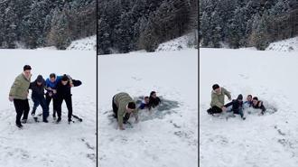 Derenin üzerinde zıplarken buz kırılınca suya düştüler; o anlar kamerada