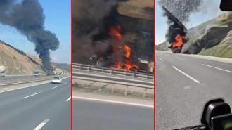 Arnavutköy Kuzey Marmara Otoyolu'nda iş makinesi alev alev yandı