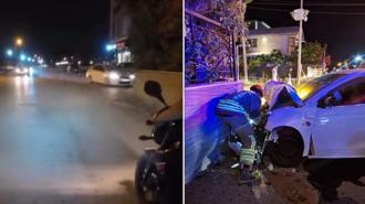Otomobilin duvara çarptığı kaza kask kamerasında; 2 yaralı