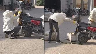 Motosiklette toplanan arıları, özel kıyafetiyle kovana topladı