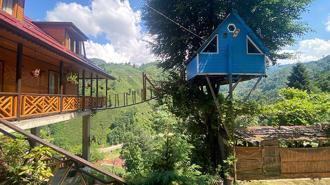 Rize'de iki kardeşin ağaç evine balkondan asma köprüyle ulaşı