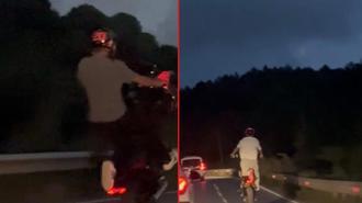 Beykoz’da motosikletlilerin tehlikeli yolculuğu kamerada; tek teker ilerleyip slalom yaptılar