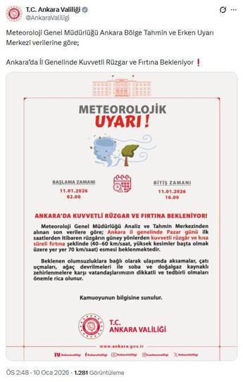 Ankara Valiliğinden kuvvetli rüzgar ve fırtına uyarısı