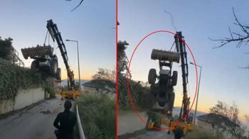 Vinçle taşınan kepçe, halat kopunca 5 metreden düştü; o anlar kamerada