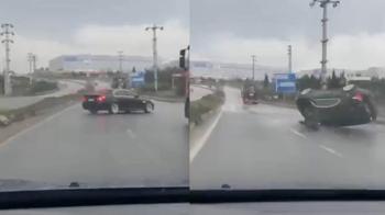 Sürücüsünün drift yaptığı otomobil takla attı; o anlar kamerada