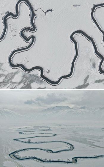 Beyaz örtüyle kaplanan Menderesler, dronla görüntülendi