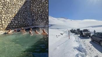 Off-road ekibi, kışın ortasında 50 derece sıcaklıktaki kaplıcada yüzdü