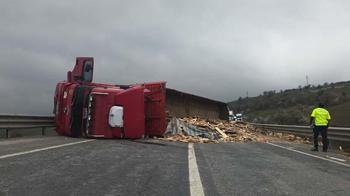Devrilen ahşap yüklü TIR’ın şoförü yaralandı