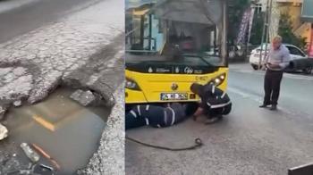 Maltepe’de asfalt çöktü; İETT otobüsü çukura düştü