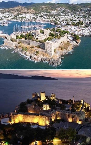 Gece ve gündüz farklı güzellikte olan Bodrum Kalesi, dronla görüntülendi