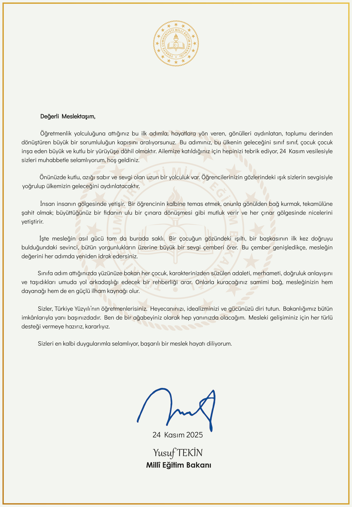 Bakan Tekinden öğretmenlere mektup