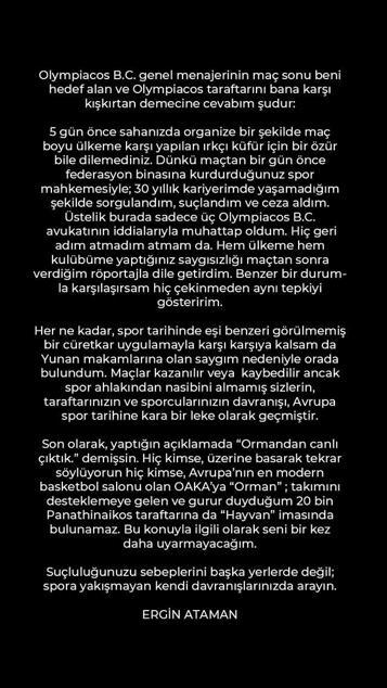 Ergin Ataman’dan Olympiakos maçında yaşananlarla ilgili açıklama