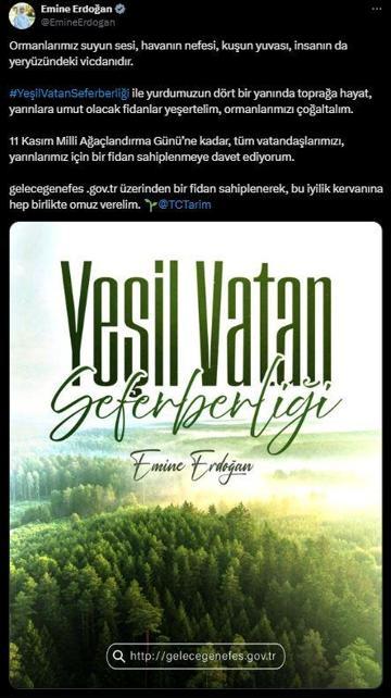 Emine Erdoğandan Yeşil Vatan Seferberliğine destek çağrısı