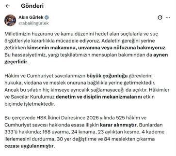 Bakan Gürlek: 84 hakim ve savcı meslekten çıkarıldı