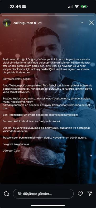 Uğurcan Çakır’dan veda paylaşımı