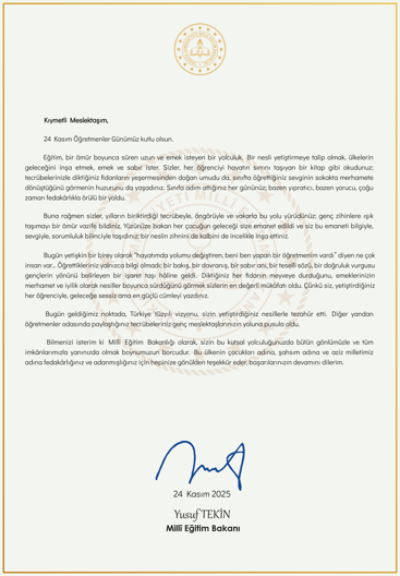 Bakan Tekinden öğretmenlere mektup