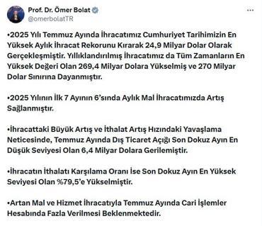 Bakan Bolat: Cumhuriyet tarihinin en yüksek aylık ihracat rekoru kırıldı