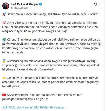 Haluk Görgün: Savunma ve havacılık sanayimiz nisanda yükselişini sürdürdü