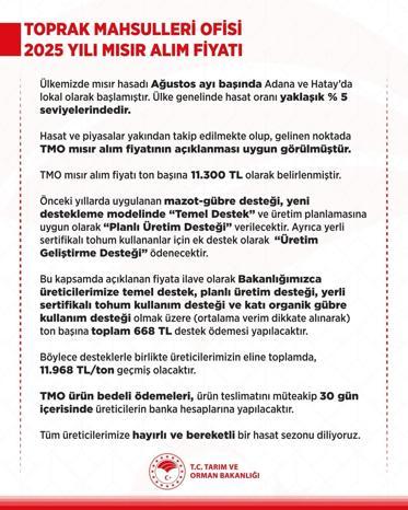TMO 2025 yılı mısır alım fiyatı belli oldu