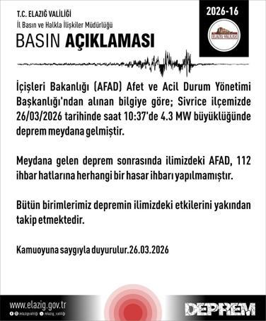 Elazığda 4.3 büyüklüğünde deprem