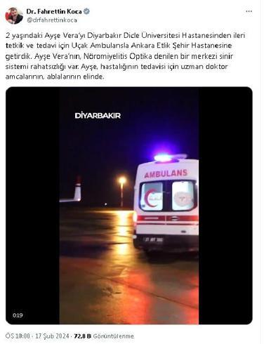Bakan Koca: 2 yaşındaki Ayşe, tedavisi için Diyarbakırdan Ankaraya getirildi