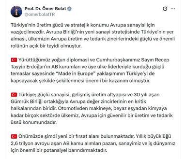 Bakan Bolat: Made in Europe yaklaşımı önemli bir kazanım oldu