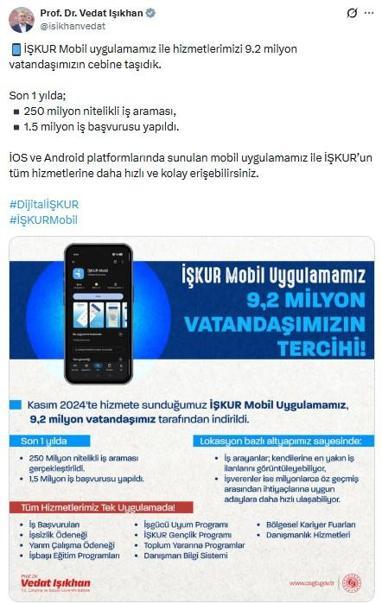 İŞKUR Mobil uygulaması 9,2 milyon kişi tarafından indirildi