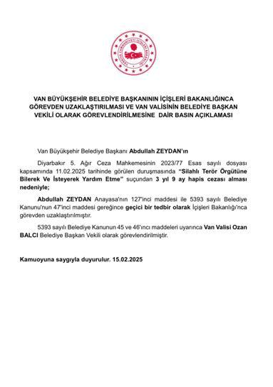 Van Büyükşehir Belediye Başkanı Zeydan, görevden uzaklaştırıldı