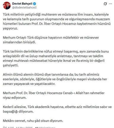 Bahçeliden İlber Ortaylı için taziye mesajı