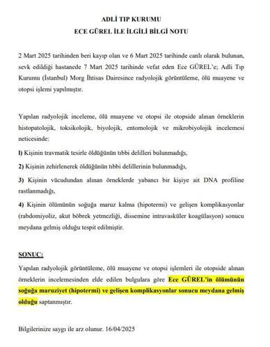 Ece Gürelin ölüm nedeni hipotermi ve gelişen komplikasyonlar