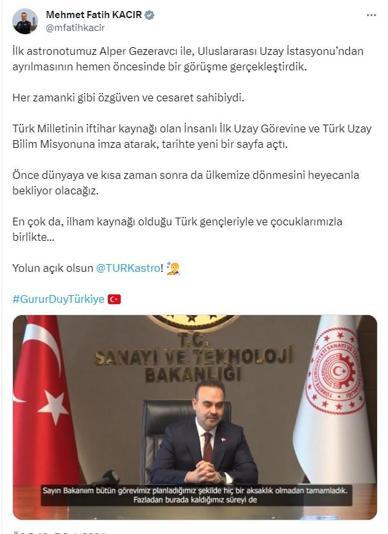 Alper Gezeravcının dünyaya yolculuğu başladı