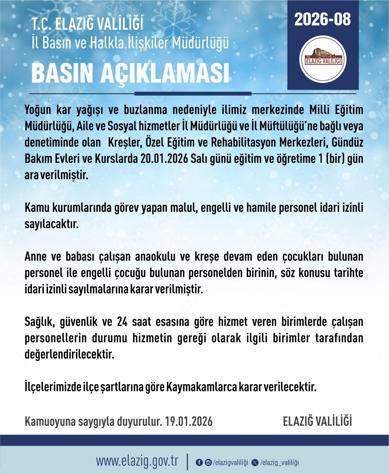 Elazığ’da bazı kurum ve kurslarda eğitime 1 gün ara
