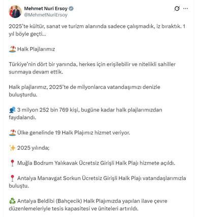 Bakan Ersoy: 2025te 3 milyon 252 bin 769 kişi halk plajlarımızdan faydalandı