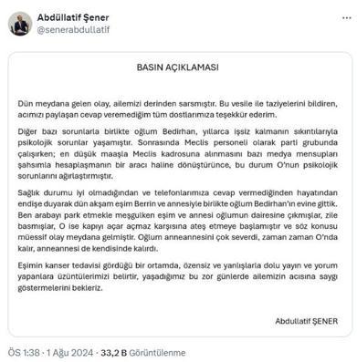 Anneannesini öldüren Abdüllatif Şenerin oğlu, psikiyatri hastanesine sevk edildi