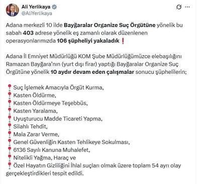 Adana merkezli 10 ilde suç örgütü operasyonu: 106 gözaltı