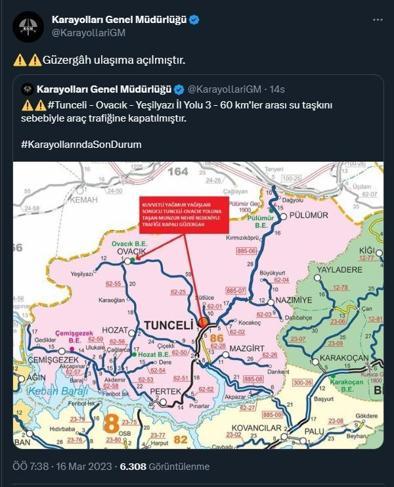 Munzur Çayı’nın taşmasıyla kapanan Tunceli- Ovacık yolu açıldı