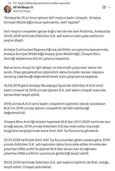 Antalyada 10 yıl önceki faili meçhul kadın cinayeti aydınlatıldı