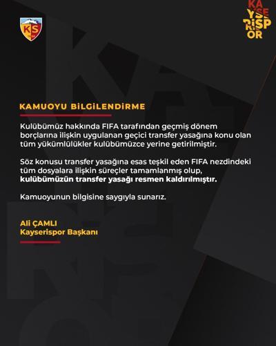 Kayserispor’da transfer yasağı kalktı