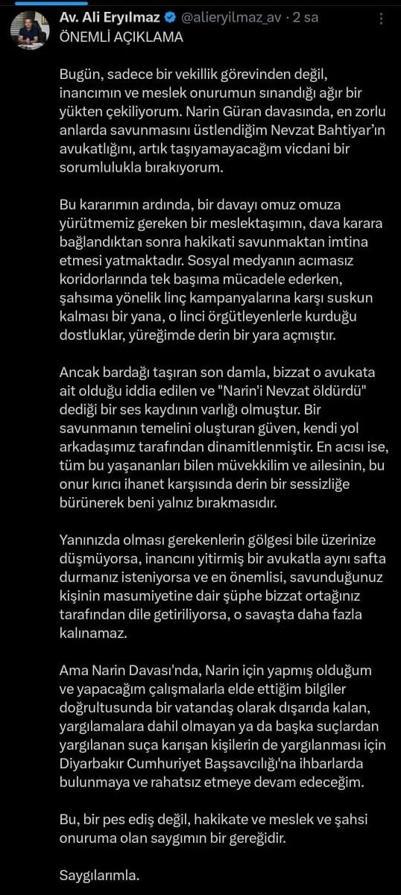 Narin Güran cinayeti: Nevzat Bahtiyar’ın avukatı davadan çekildi