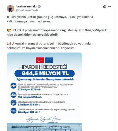 Bakan Yumaklı: Ağustosta 844,5 milyon TL hibe destek ödemesi yaptık