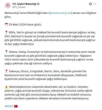 İçişleri Bakanlığından 18 il için kar ve sağanak uyarısı