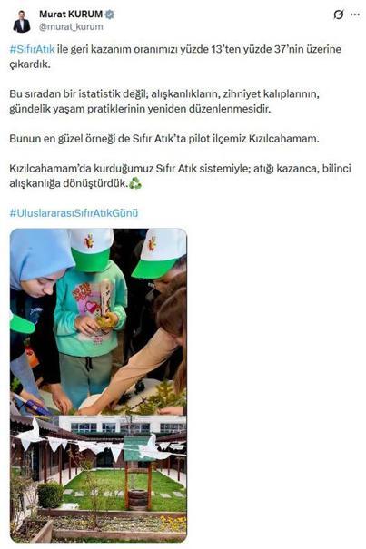 Bakan Kurum: Sıfır Atık ile geri kazanım oranımızı yüzde 13’ten yüzde 37’nin üzerine çıkardık