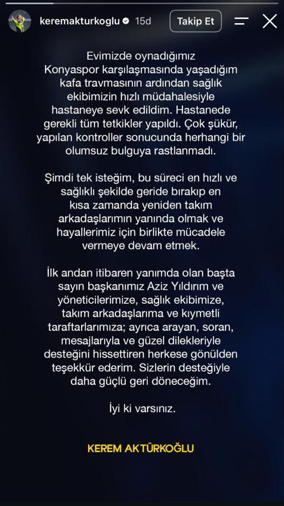 Kerem Aktürkoğlu: Tek isteğim, bu süreci en hızlı ve sağlıklı şekilde geride bırakıp takım arkadaşlarımın yanında olmak